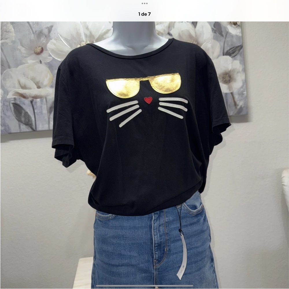 Karl Lagerfeld Black Tee with Gold and White Accents NWOT 100% Authentic.